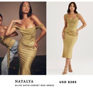 HOUSE OF CB NATALYA OLIVE SATIN CORSET MIDI DRESS